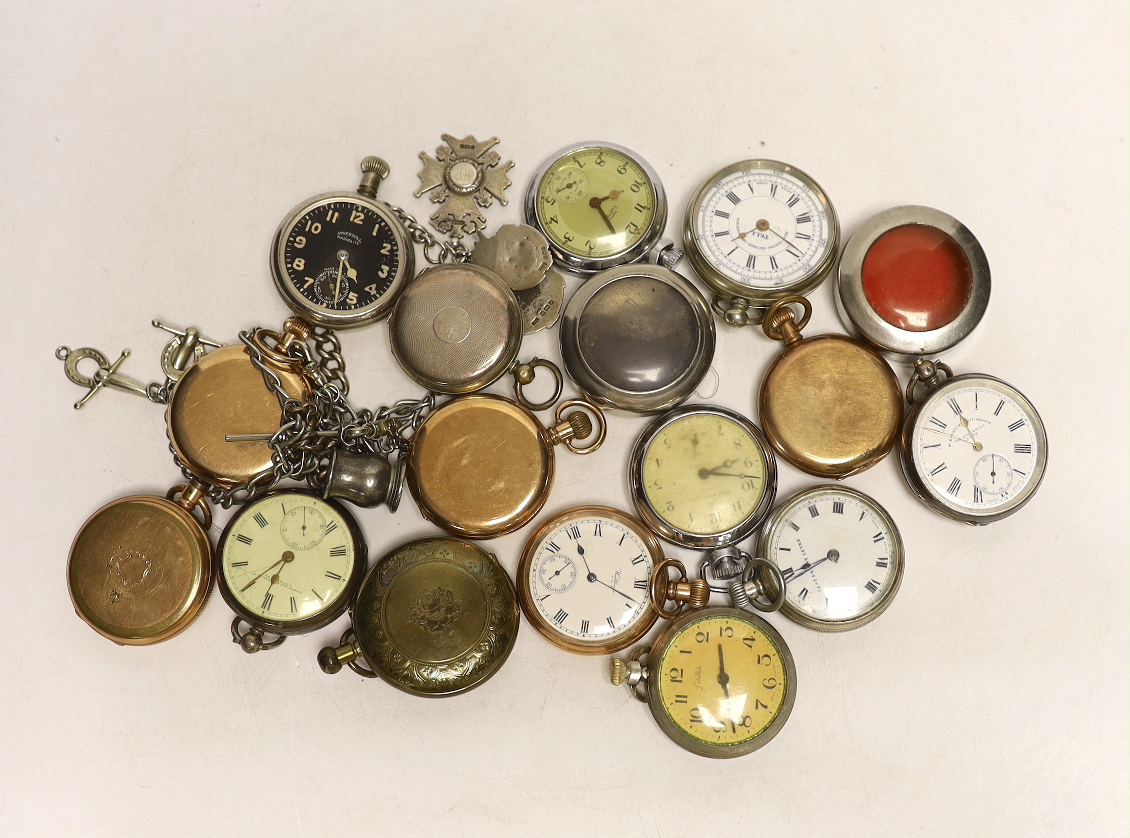 A collection of assorted pocket watches, including Waltham gold plated and three other gold plated, two white metal, including Irish silver by Donegan, together with a silver albert, etc.